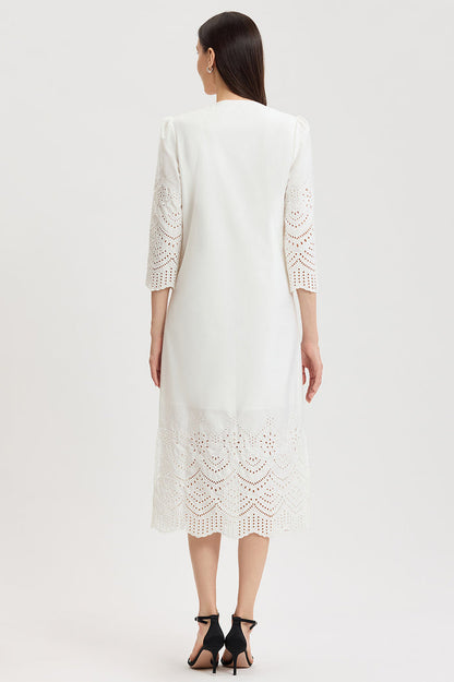 Lined Eyelet Straight Cotton Maxi Dress, White | Ming Wang