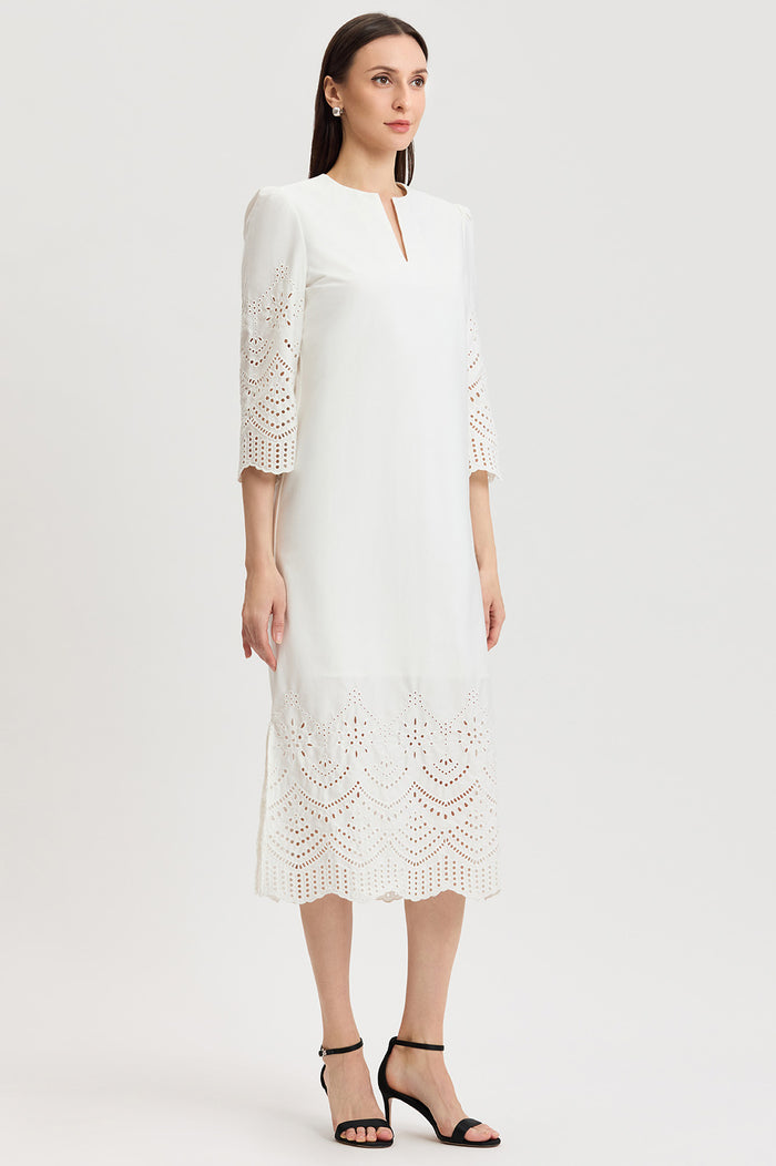 Lined Eyelet Straight Cotton Maxi Dress, White | Ming Wang