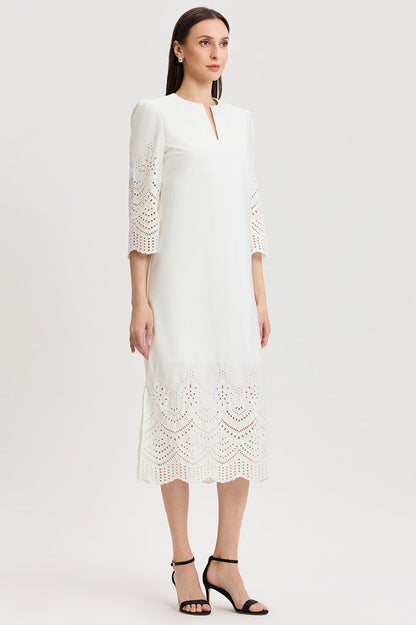 Lined Eyelet Straight Cotton Maxi Dress, White | Ming Wang