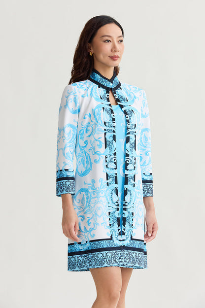 Heritage Lined Printed Stretch Deco Crepe Jacket, Serene/White/Black | Ming Wang