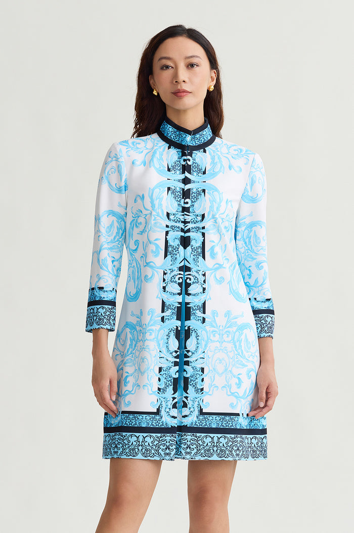 Heritage Lined Printed Stretch Deco Crepe Jacket, Serene/White/Black | Ming Wang
