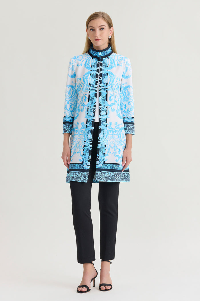 Heritage Lined Printed Stretch Deco Crepe Jacket, Serene/White/Black | Ming Wang