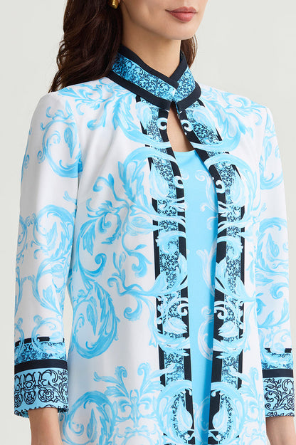 Heritage Lined Printed Stretch Deco Crepe Jacket, Serene/White/Black | Ming Wang