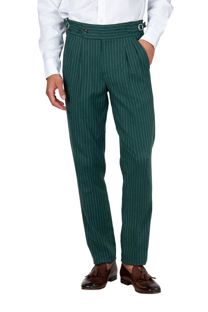 LLOYD - Green Pinstripe Linen Trousers Tapered Fit