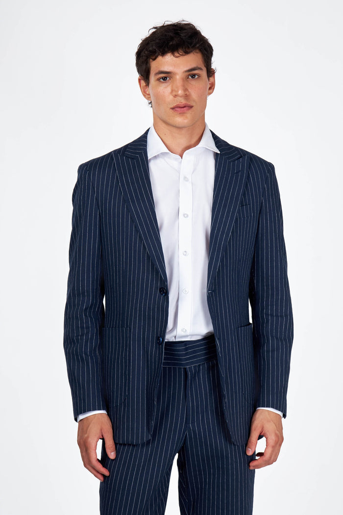 LLOYD - Tailored Mens Navy Pinstripe Linen 2 Piece Suit