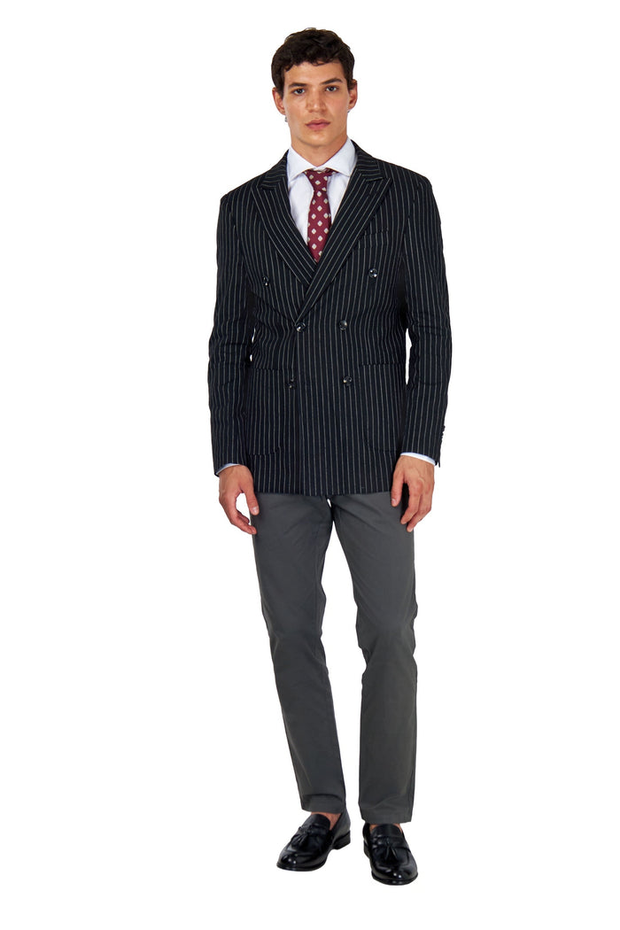 LLOYD – Double Breasted Linen Jacket In Black Pinstripes