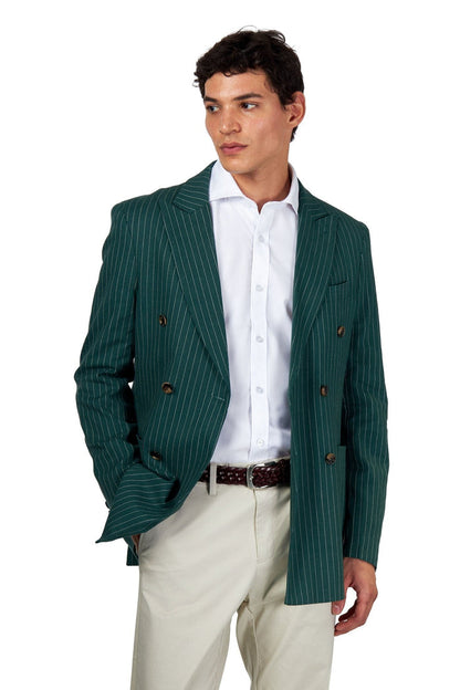 LLOYD – Double Breasted Linen Jacket In Green Pinstripes