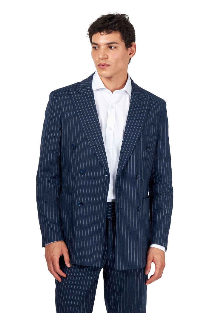 LLOYD – Double Breasted Linen Jacket In Navy Pinstripes