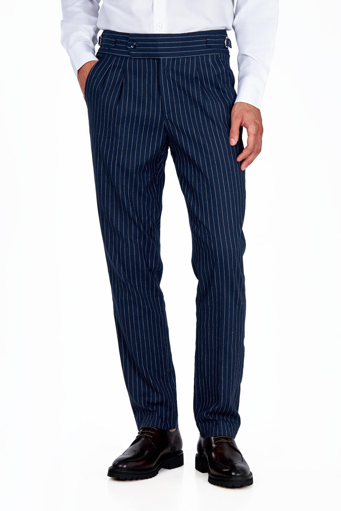 LLOYD – Navy Blue Pinstripe Linen Trousers Tapered Fit