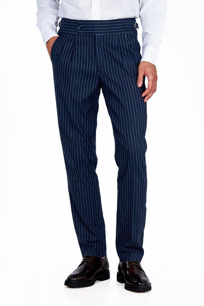 LLOYD – Navy Blue Pinstripe Linen Trousers Tapered Fit
