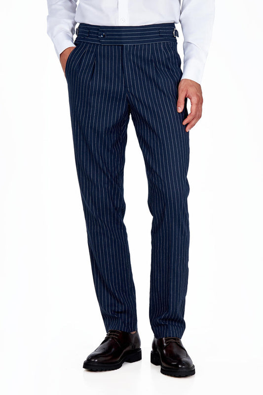 LLOYD – Navy Blue Pinstripe Linen Trousers Tapered Fit
