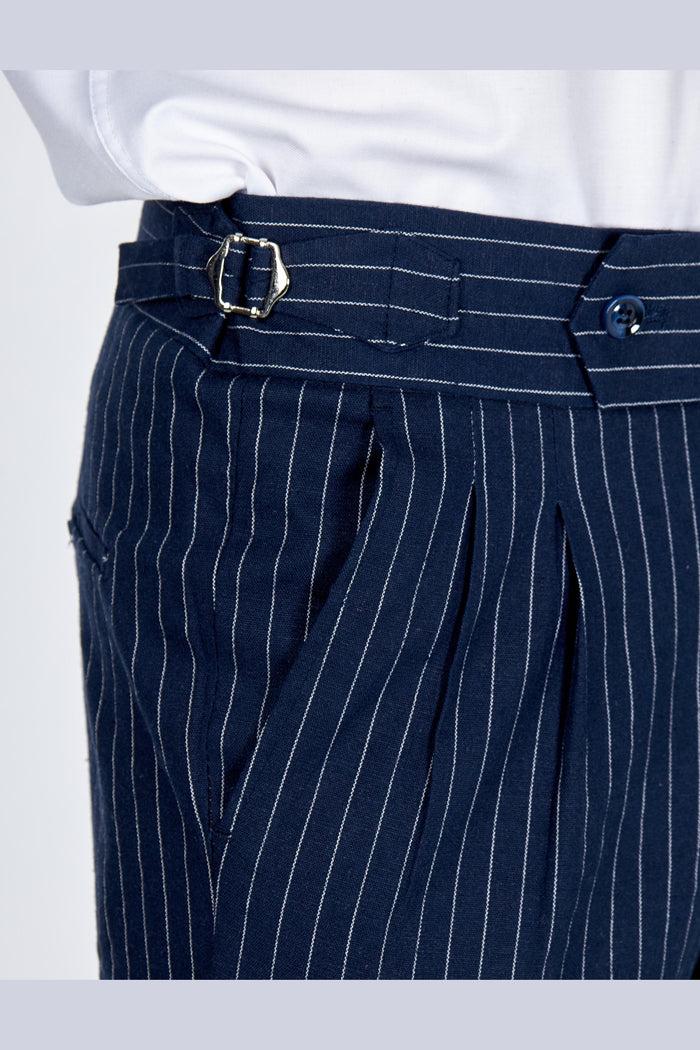 LLOYD – Navy Blue Pinstripe Linen Trousers Tapered Fit