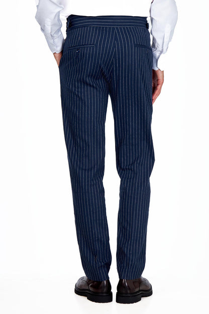 LLOYD – Navy Blue Pinstripe Linen Trousers Tapered Fit