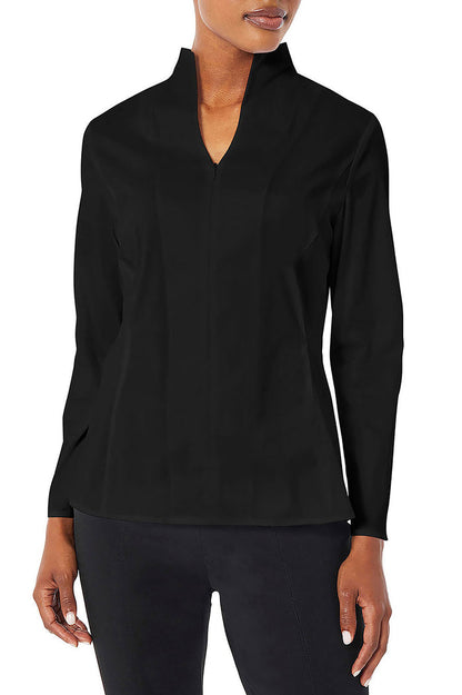 Long Sleeve Zip-Up Cotton Poplin Blouse, Black | Ming Wang