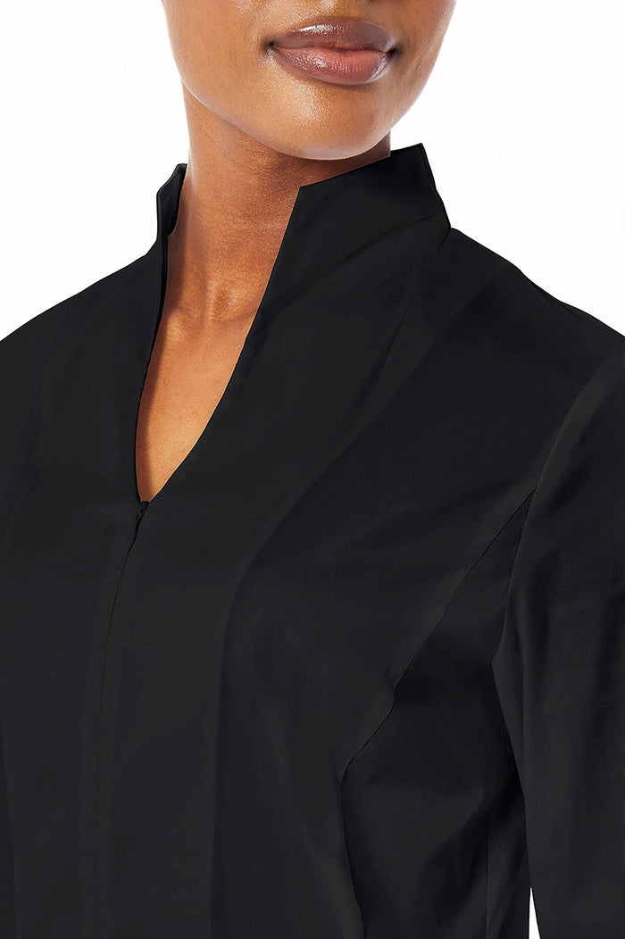 Long Sleeve Zip-Up Cotton Poplin Blouse, Black | Ming Wang