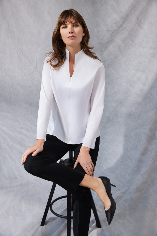 Long Sleeve Zip-Up Cotton Poplin Blouse, White, White | Ming Wang