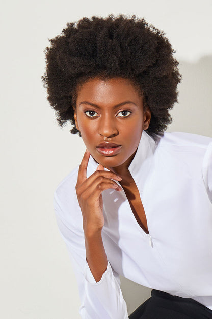 Long Sleeve Zip-Up Cotton Poplin Blouse, White | Ming Wang