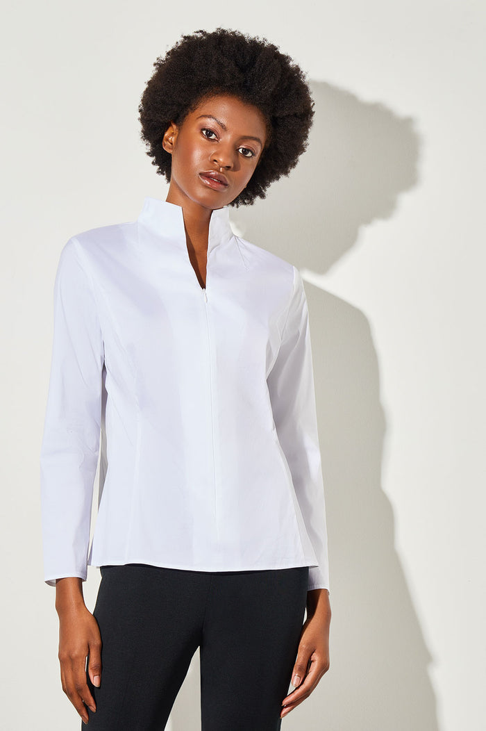 Long Sleeve Zip-Up Cotton Poplin Blouse, White | Ming Wang