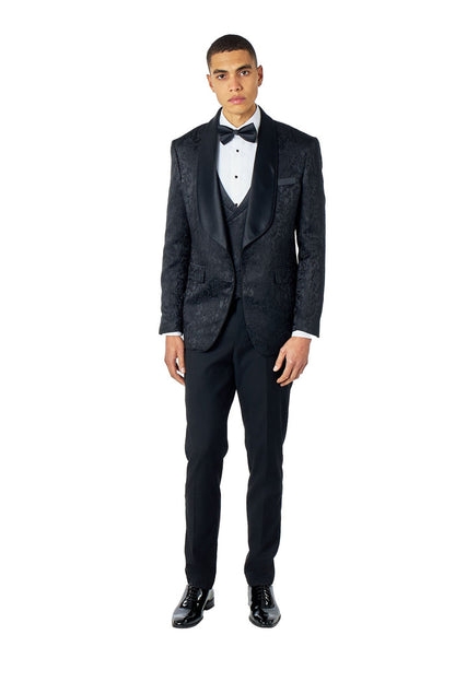 LOUIS – 3 PIECE BLACK DAMASK PRINT WEDDING TUXEDO SUIT