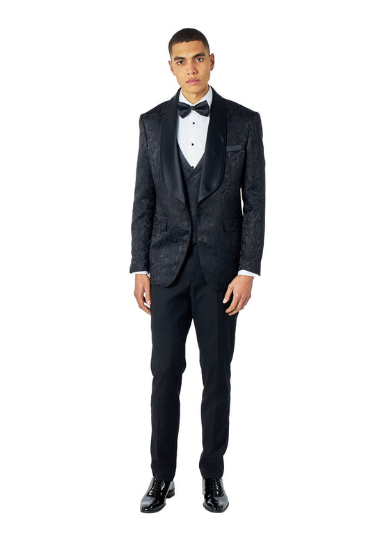 LOUIS – 3 PIECE BLACK DAMASK PRINT WEDDING TUXEDO SUIT