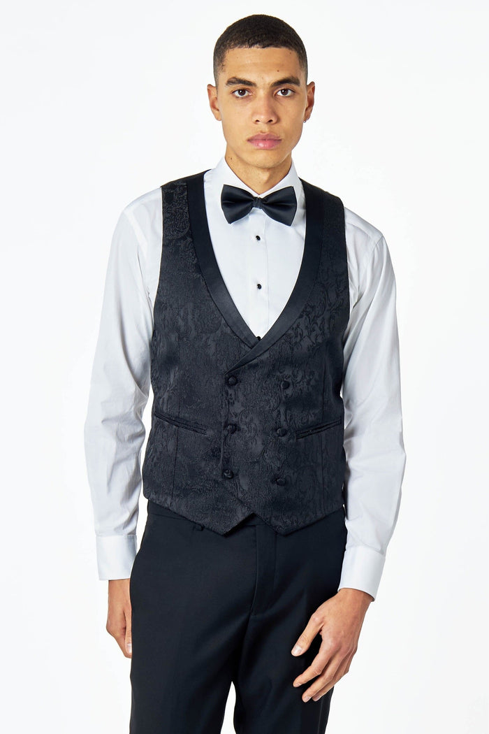 LOUIS – BLACK DAMASK PRINT TUXEDO WAISTCOAT
