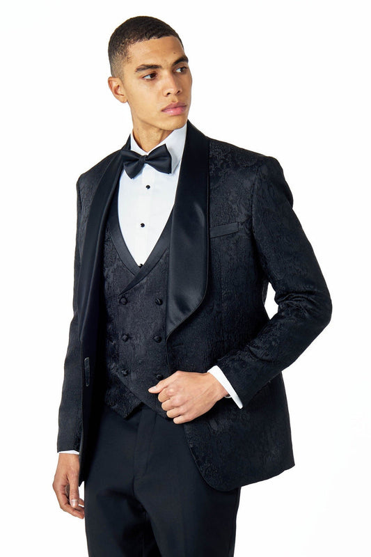 LOUIS – BLACK DAMASK PRINT TUXEDO WAISTCOAT