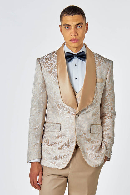 Men's Louis Champagne Gold Jacquard Single Breasted 5-Piece Tuxedo Suit Bundle