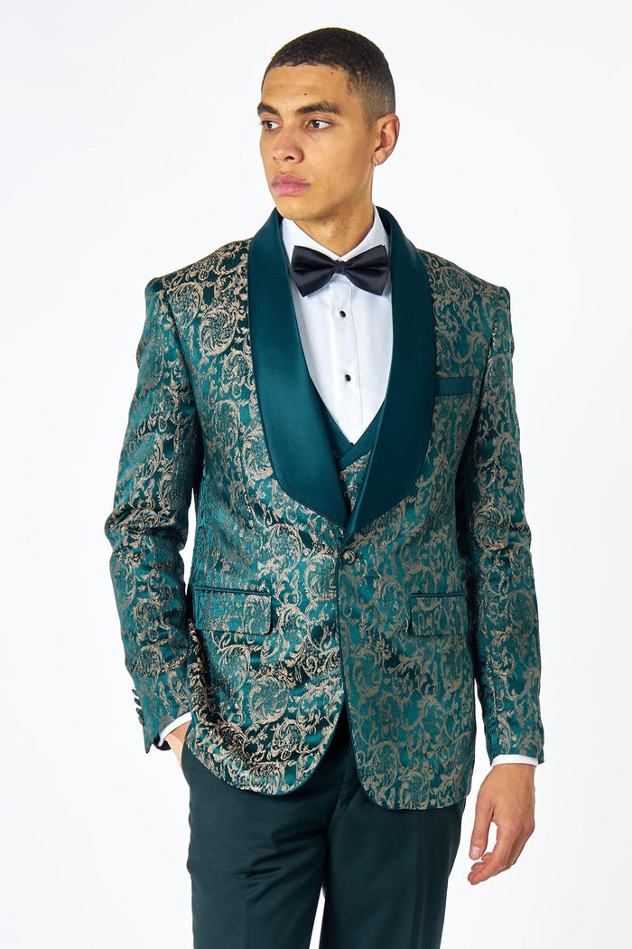 Men's Louis Green Jacquard Single Breasted 5-Piece Tuxedo Suit Bundle