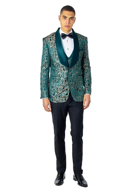 LOUIS – GREEN GOLD DAMASK PRINT 3 PIECE WEDDING TUXEDO SUIT