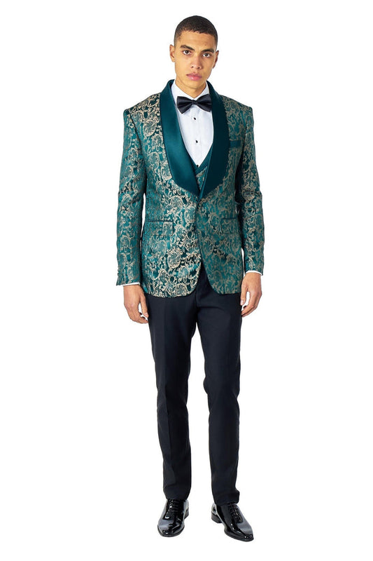 LOUIS – GREEN GOLD DAMASK PRINT 3 PIECE WEDDING TUXEDO SUIT