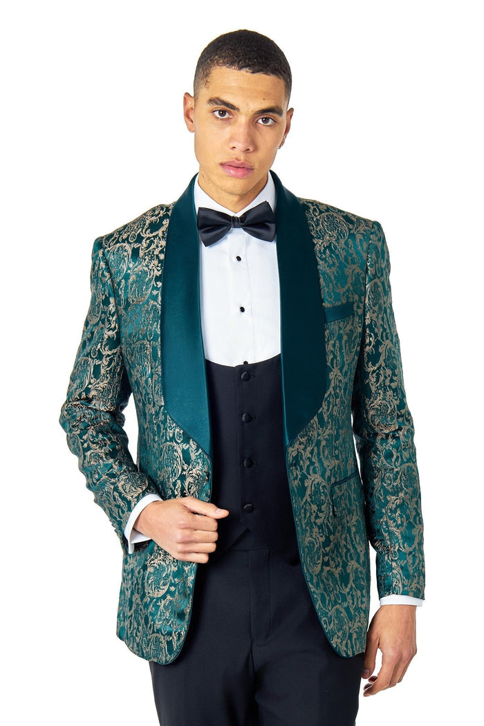 LOUIS – GREEN GOLD DAMASK PRINT 3 PIECE WEDDING TUXEDO SUIT