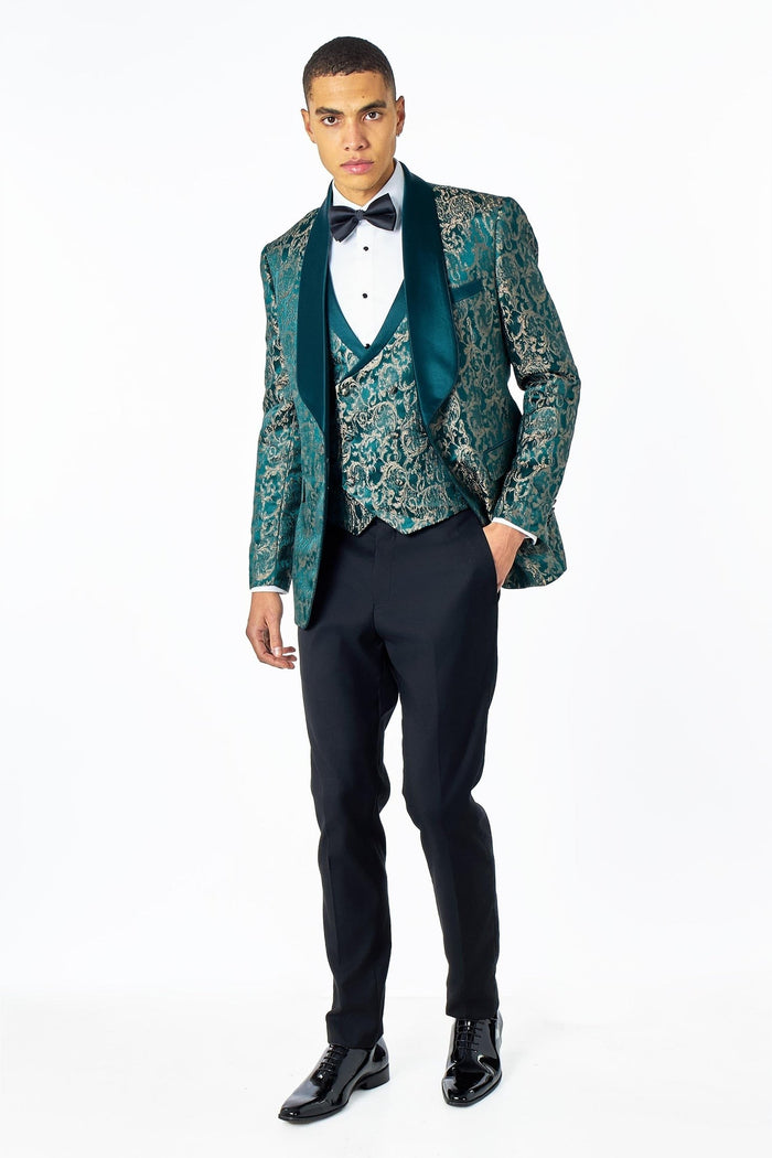 LOUIS – GREEN GOLD DAMASK PRINT 3 PIECE WEDDING TUXEDO SUIT