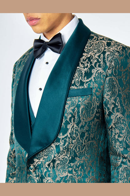 LOUIS – GREEN GOLD DAMASK PRINT 3 PIECE WEDDING TUXEDO SUIT