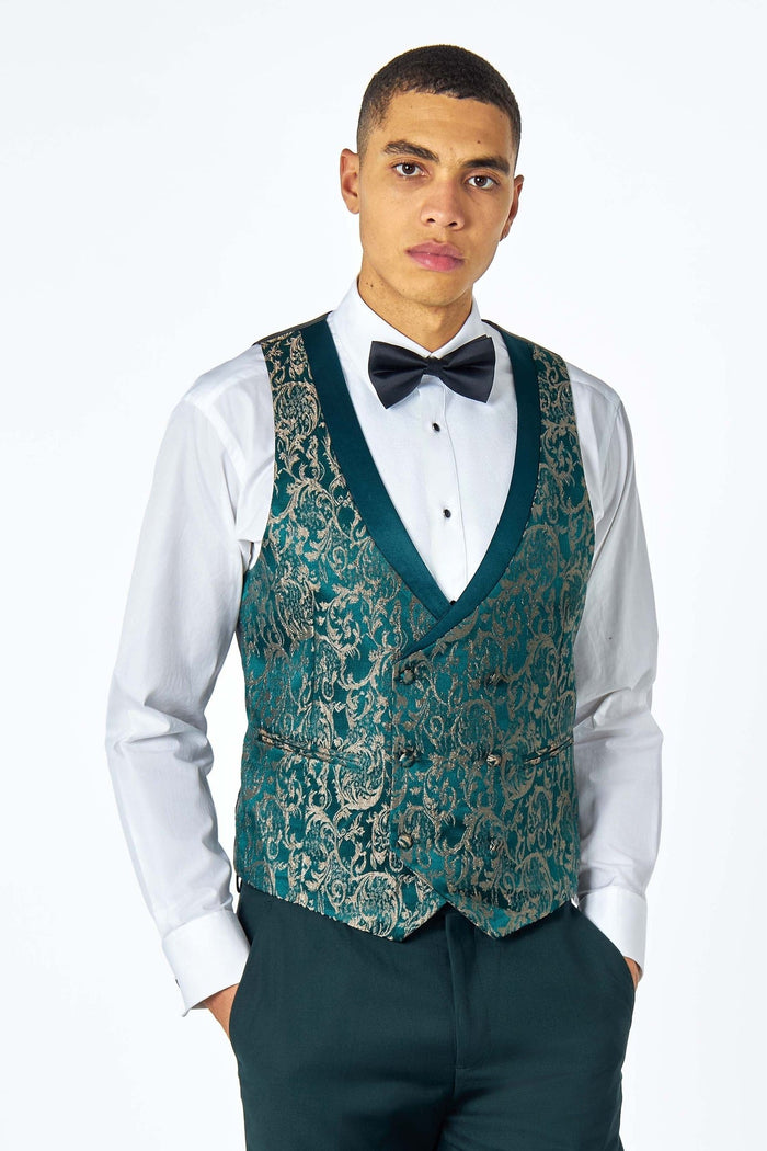 Men's Louis Green Jacquard Single Breasted 5-Piece Tuxedo Suit Bundle