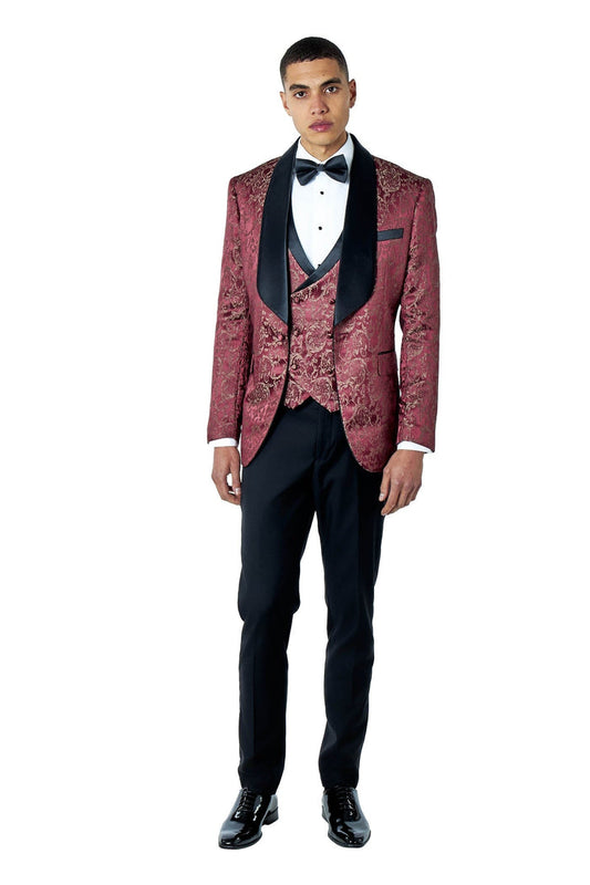 LOUIS – MAROON 3 PIECE DAMASK PRINT WEDDING TUXEDO SUIT
