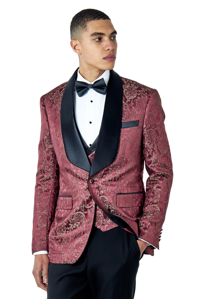LOUIS – MAROON 3 PIECE DAMASK PRINT WEDDING TUXEDO SUIT