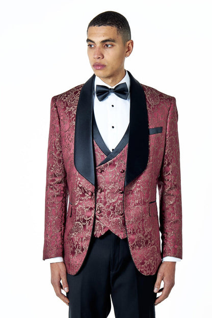 LOUIS – MAROON 3 PIECE DAMASK PRINT WEDDING TUXEDO SUIT