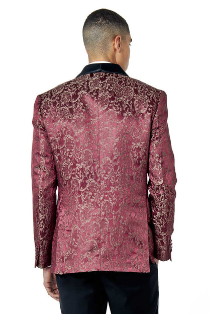 LOUIS – MAROON 3 PIECE DAMASK PRINT WEDDING TUXEDO SUIT