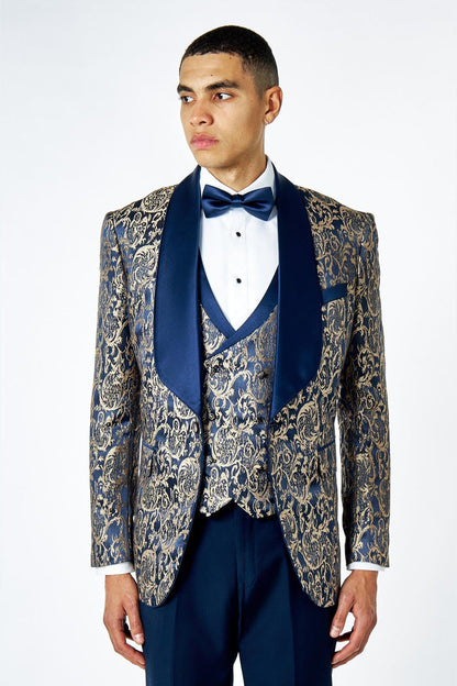 Men's Louis Navy Jacquard Single Breasted 5-Piece Tuxedo Suit Bundle