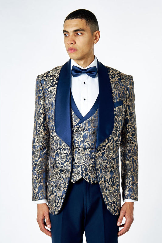 Men's Louis Navy Jacquard Single Breasted 5-Piece Tuxedo Suit Bundle