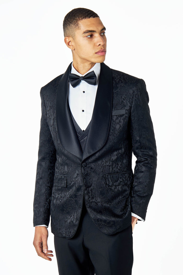 Men's Louis Black Jacquard Single Breasted 5-Piece Tuxedo Suit Bundle