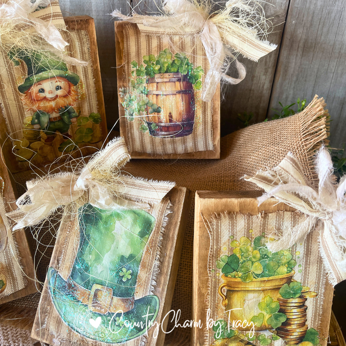 Lucky Little Things Mini Block Set – Set of 5 | Rustic St. Patrick’s Day Shelf Sitters