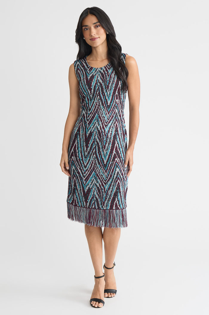 Lurex Fringe Trim Jacquard Knit Sheath Dress, Midnight Violet/Nebula/Lunar Rock/Silver/Black | Ming Wang