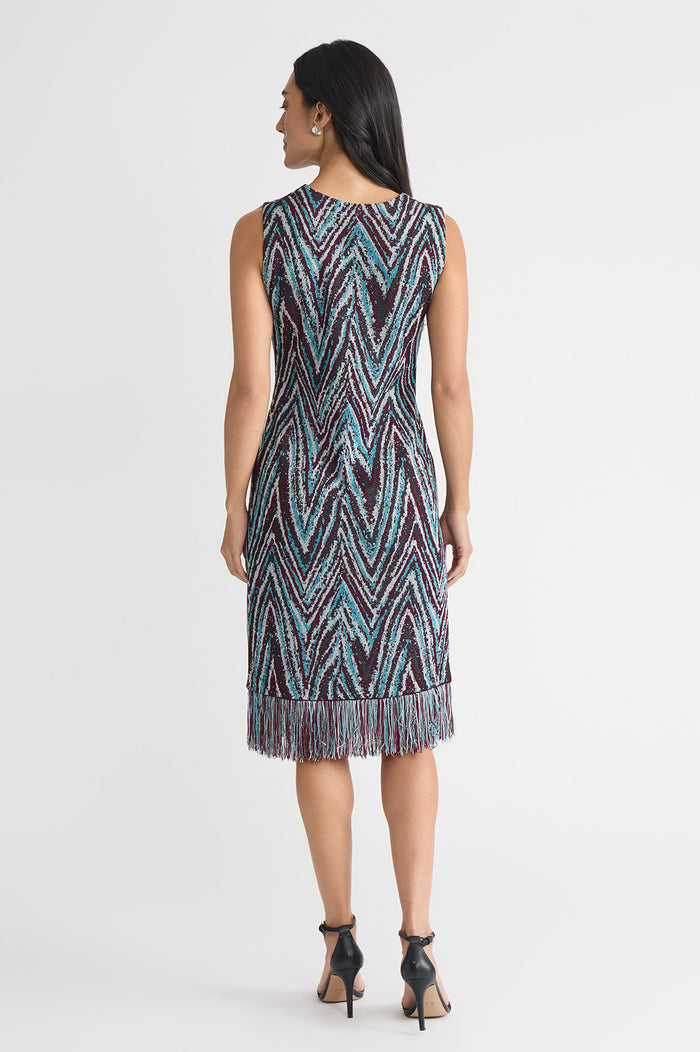 Lurex Fringe Trim Jacquard Knit Sheath Dress, Midnight Violet/Nebula/Lunar Rock/Silver/Black | Ming Wang