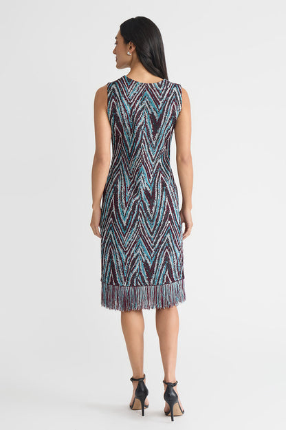 Lurex Fringe Trim Jacquard Knit Sheath Dress, Midnight Violet/Nebula/Lunar Rock/Silver/Black | Ming Wang