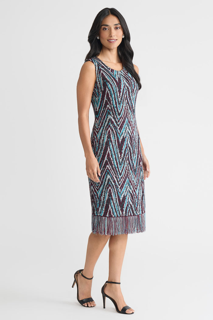 Lurex Fringe Trim Jacquard Knit Sheath Dress, Midnight Violet/Nebula/Lunar Rock/Silver/Black | Ming Wang
