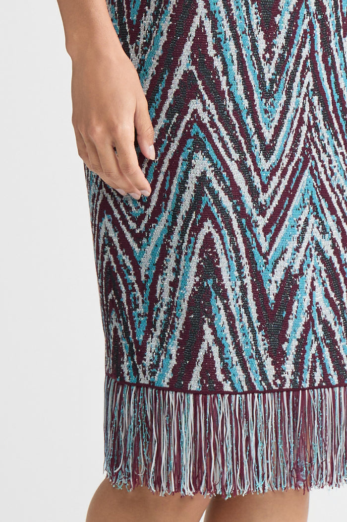 Lurex Fringe Trim Jacquard Knit Sheath Dress, Midnight Violet/Nebula/Lunar Rock/Silver/Black | Ming Wang