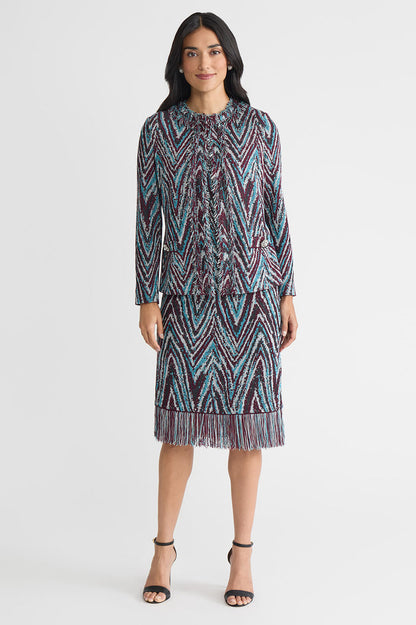 Lurex Fringe Trim Jacquard Knit Sheath Dress, Midnight Violet/Nebula/Lunar Rock/Silver/Black | Ming Wang