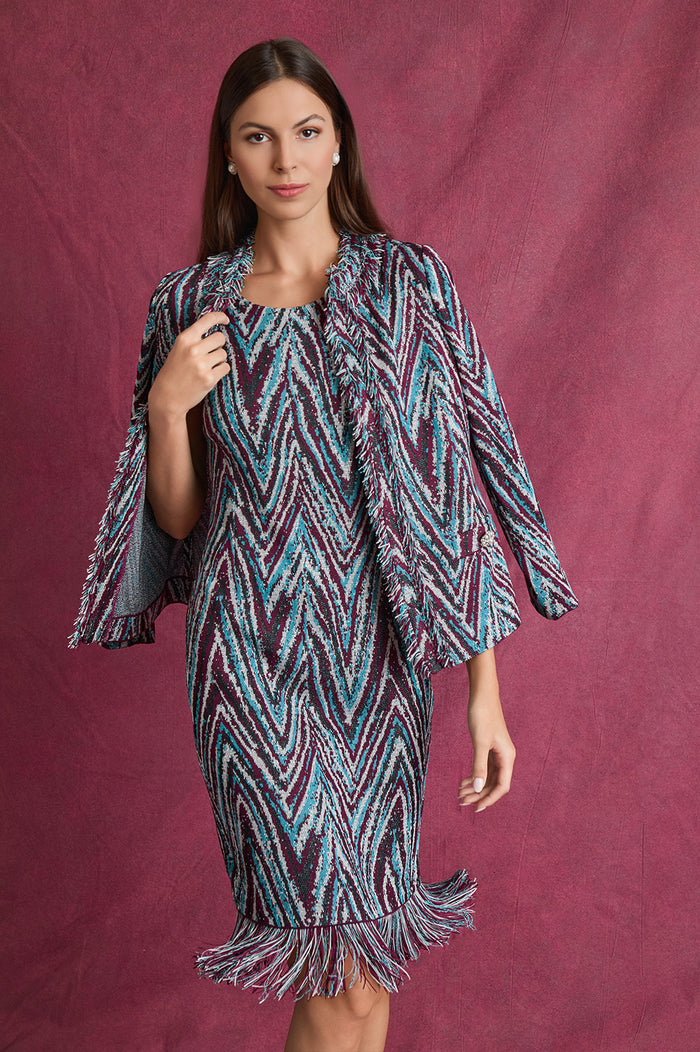 Lurex Fringe Trim Jacquard Knit Sheath Dress, Midnight Violet/Nebula/Lunar Rock/Silver/Black | Ming Wang