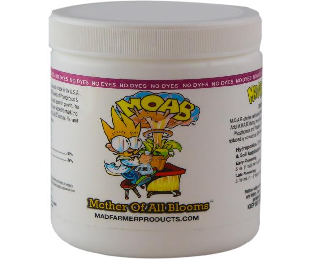White plastic tub of MOAB nutrient powder featuring a cartoon scientist character on the label.